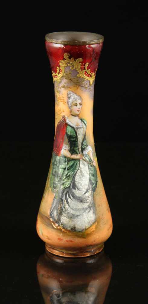 Appraisal: - French Enamel Vase French vase enamel decorated with woman