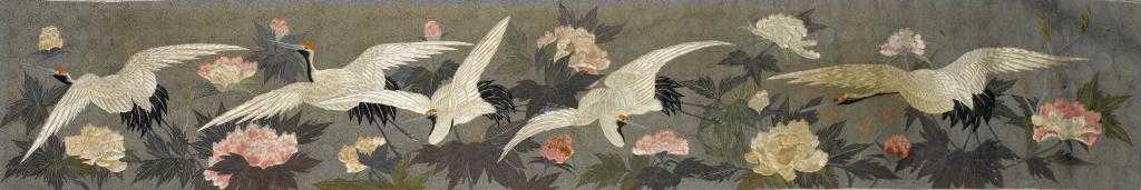 Appraisal: A JAPANESE EMBROIDERED SILK PANEL of five storks and white