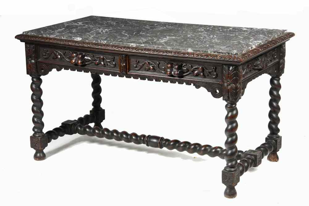 Appraisal: LIBRARY TABLE - Marble top two drawer th c carved