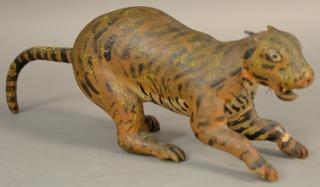 Appraisal: Carved Folk Art cat hand painted tiger stripes wire whiskers