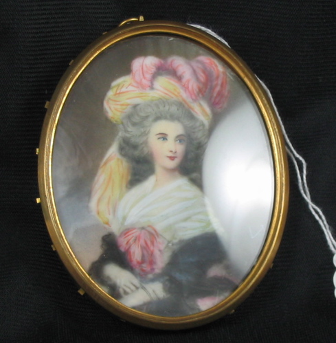 Appraisal: TH CENTURY MINIATURE OVAL OIL PAINTING woman in multi-colored feathered