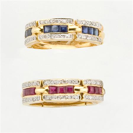 Appraisal: Pair of Gold Gem-Set and Diamond Band Rings Estimate -