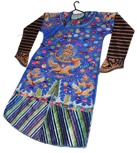 Appraisal: A CHINESE BLUE GROUND ROBE with embroidered dragon flaming pearls