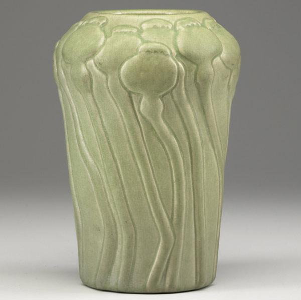 Appraisal: VAN BRIGGLEEarly vase with poppy pods lime green glaze Three