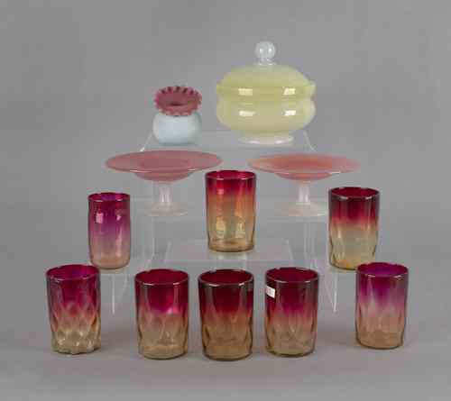 Appraisal: Eight amberine lemonade glasses together with two peach glass compotes