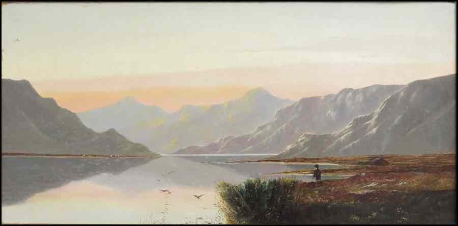 Appraisal: CHARLES LESLIE - MOUNTAIN AND RIVER LANDSCAPE WITH FISHERMAN Oil