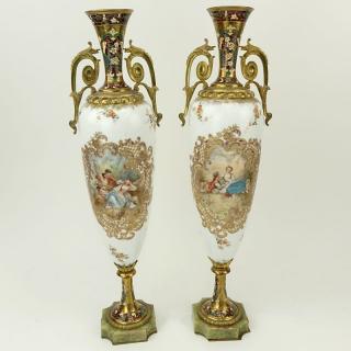 Appraisal: Pair Probably Sevres Hand Painted Porcelain Champleve Decorated Bronze Mounted