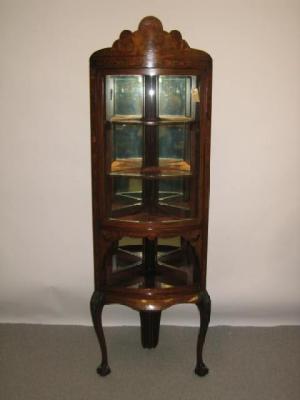 Appraisal: AN EDWARDIAN MAHOGANY AND FLORAL MARQUETRY CORNER DISPLAY CABINET of