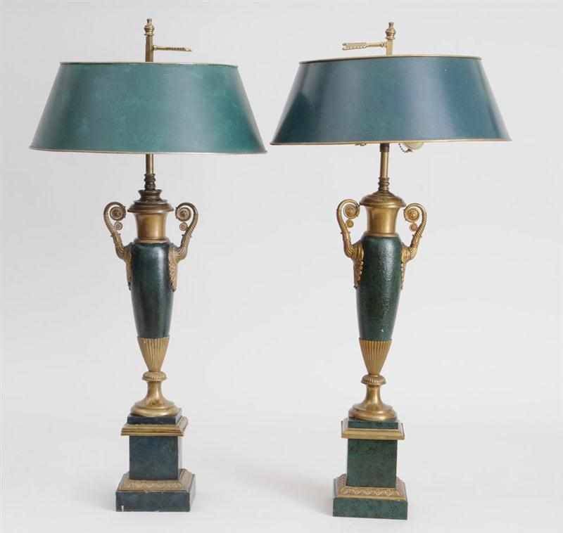 Appraisal: PAIR OF EMPIRE STYLE T LE PEINTE URN-FORM LAMPS Fitted