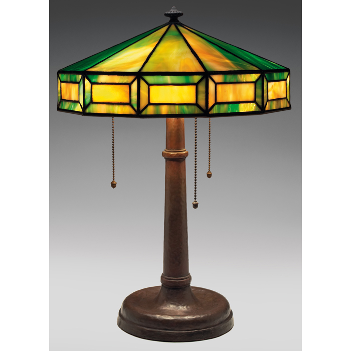 Appraisal: Arts Crafts lamp hammered copper base supporting a leaded glass