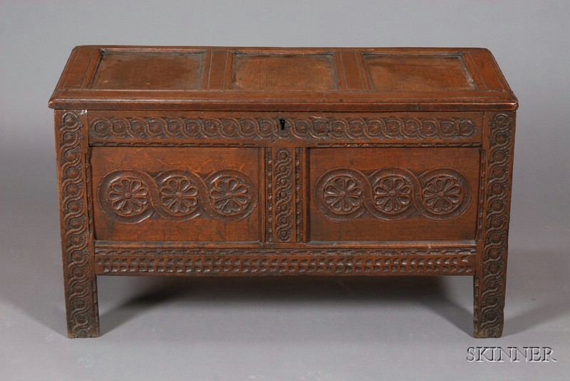 Appraisal: Jacobean Carved Oak Blanket Chest rectangular paneled top above a