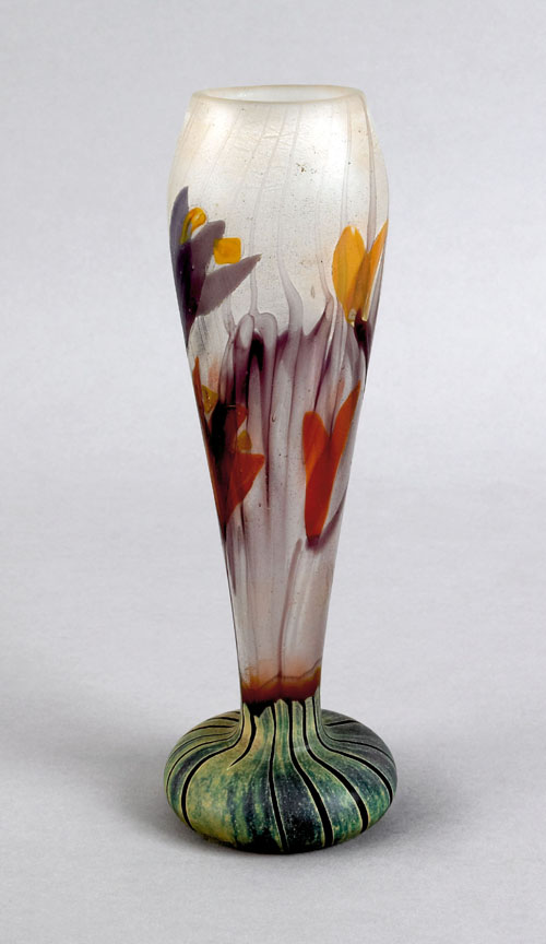 Appraisal: Galle marquetry glass crocus vase ca with fancy intaglio signature