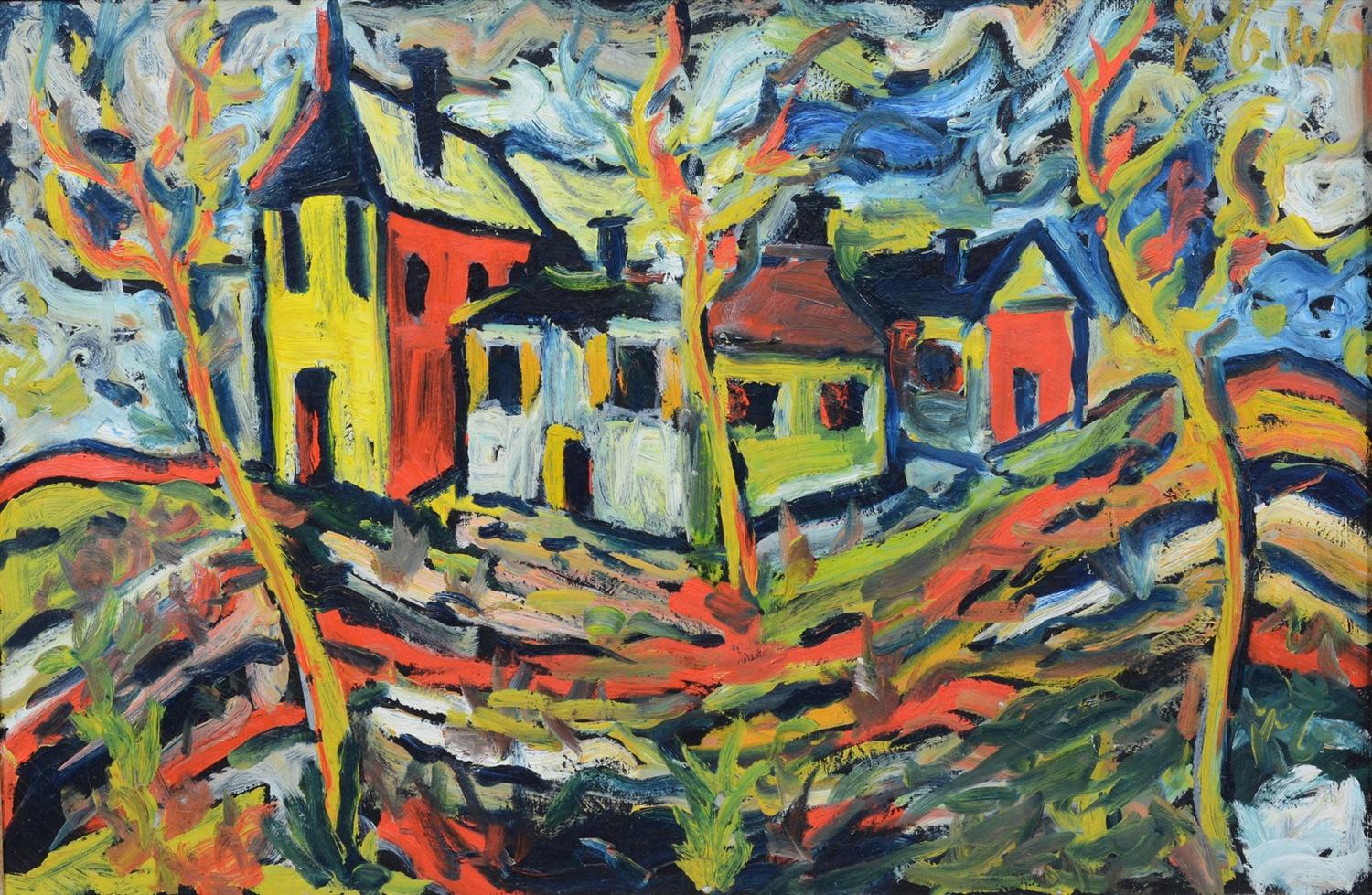 Appraisal: American School th Century oil on canvas Abstract Houses signed