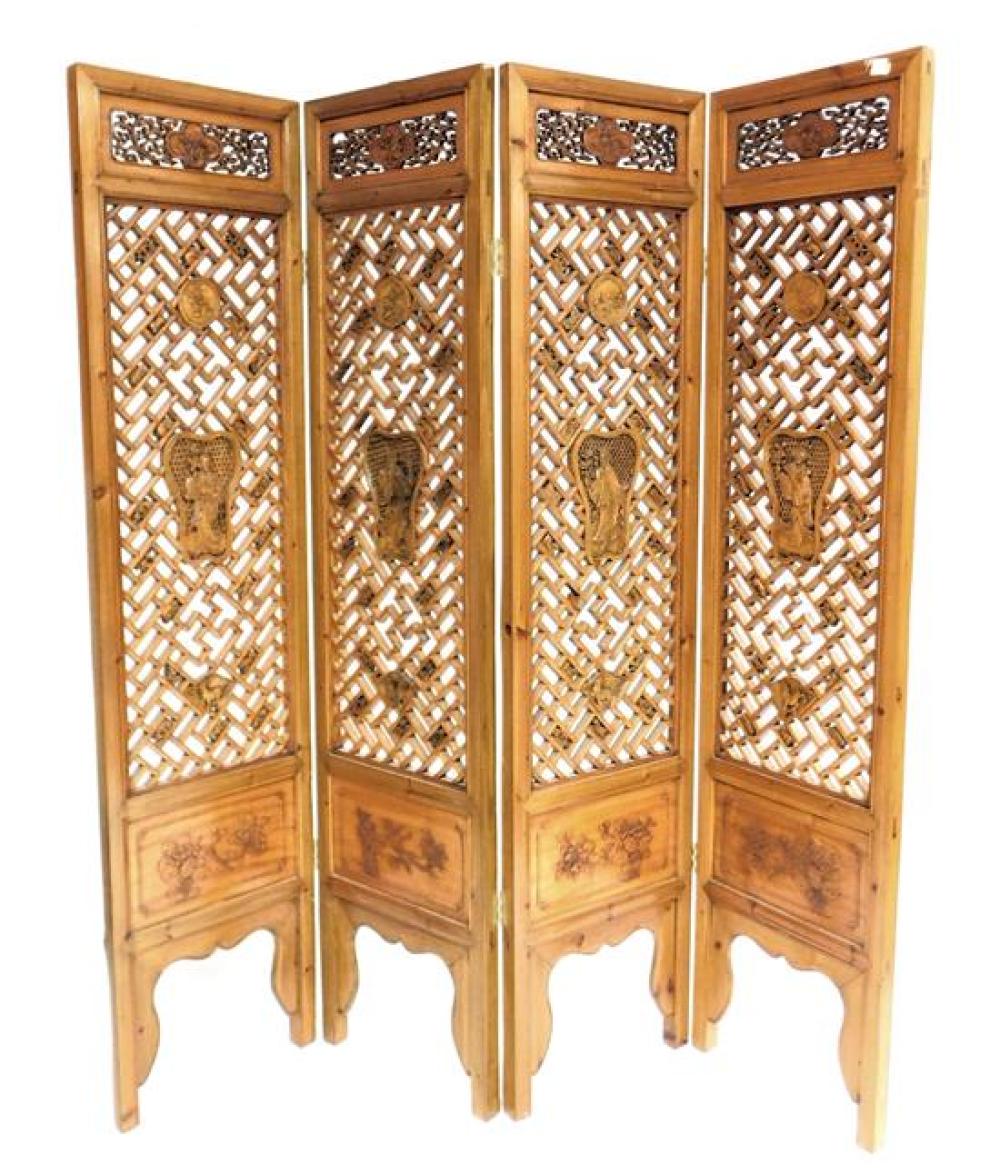 Appraisal: ASIAN Nicely carved and pierced four panel floor screen th