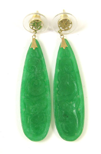 Appraisal: PAIR OF GREEN JADE PENDANT EARRINGS each k yellow gold