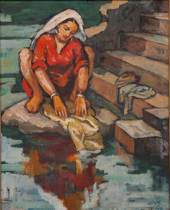 Appraisal: Madhav Satwalekar Indian b A Washer Woman oil on canvas