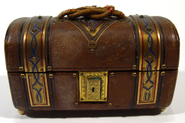 Appraisal: Victorian brown leather sewing casket with enamelled brass mounts blue