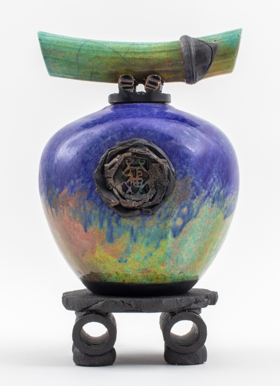 Appraisal: MATTHEW LOVEIN RAKU POST MODERN WISHKEEPER Matthew Lovein Raku Hawaiian