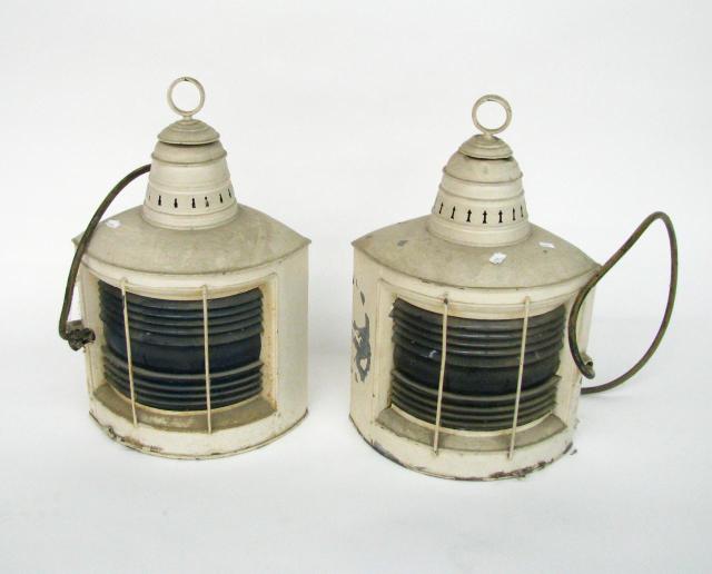 Appraisal: Lot of three vintage ships lanterns including pair of interior