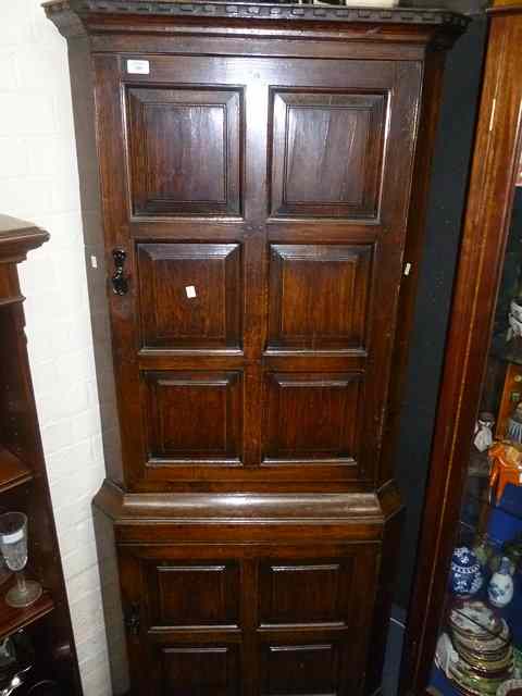 Appraisal: AN ANTIQUE OAK FLOOR STANDING CORNER CABINET with dog tooth