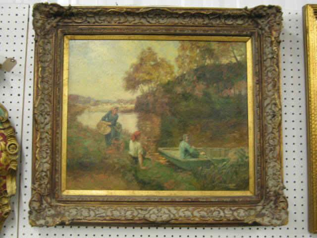 Appraisal: H Beeby Oil on Canvas landscape with figures and rowboat