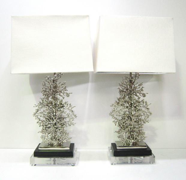 Appraisal: A PAIR OF SILVER PLATED CORAL LAMPS WITH SHADES A