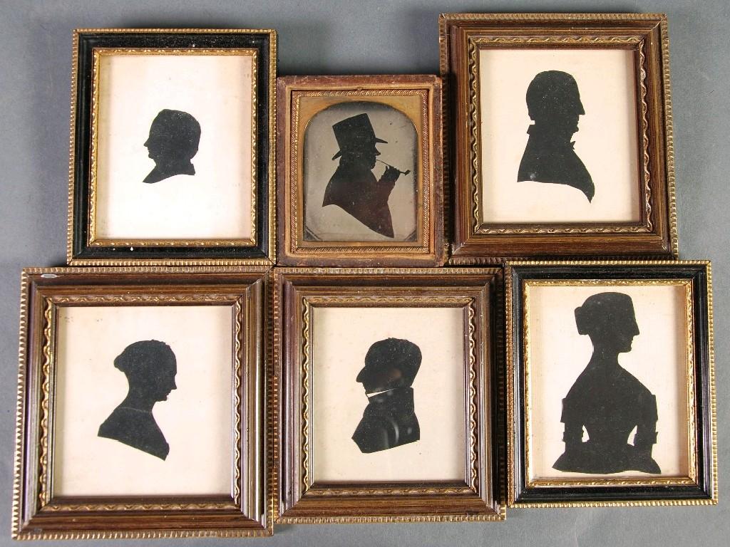 Appraisal: SIX SILHOUETTE BUSTS including one in morocco frame with ring