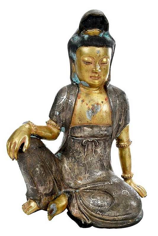 Appraisal: Gilt and Silvered Bronze Seated Guanyin Chinese depicted in a