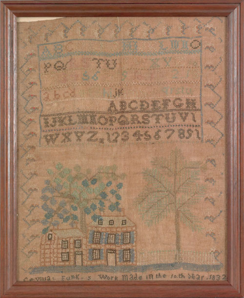 Appraisal: American silk on linen needlework dated wrought by Cevilla Funk