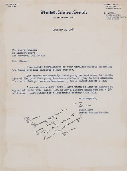 Appraisal: A letter from Birch Bayh framed height in width in