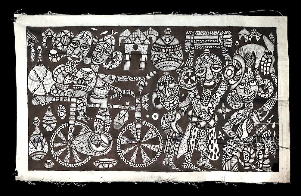 Appraisal: Signed African Oshogbo Painting Bicycle for Two - Africa Nigeria