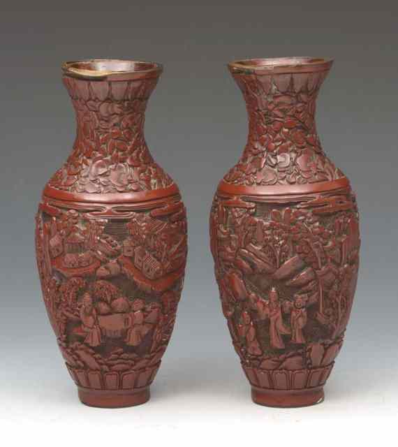 Appraisal: A PAIR OF CHINESE SMALL CINNABAR LACQUER VASES each with