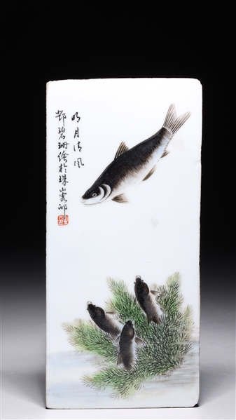 Appraisal: Chinese antique enameled porcelain fish plaque with calligraphy and seal