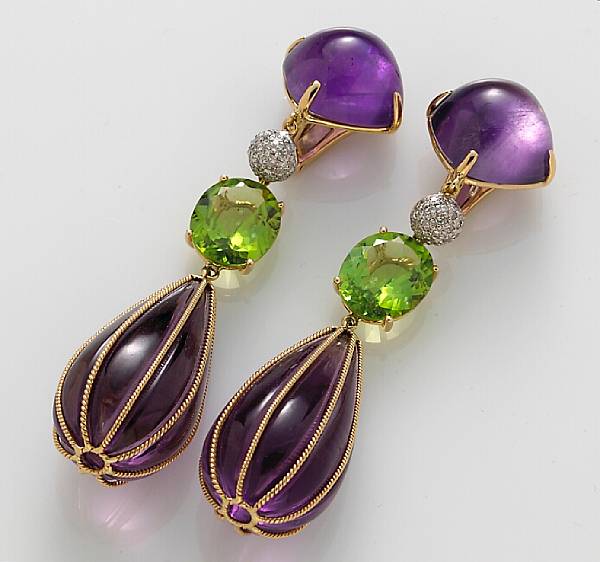 Appraisal: A pair of amethyst peridot and diamond pendant earrings estimated