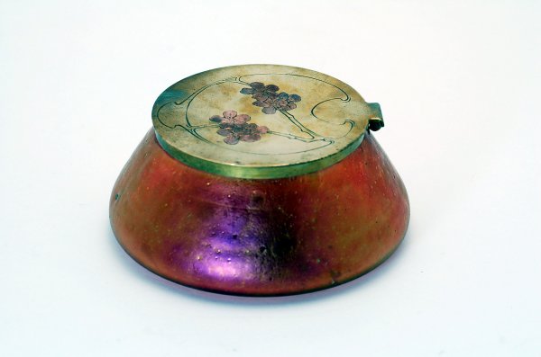 Appraisal: Art Nouveau Loetz style powder jar iridescent finish angled sides