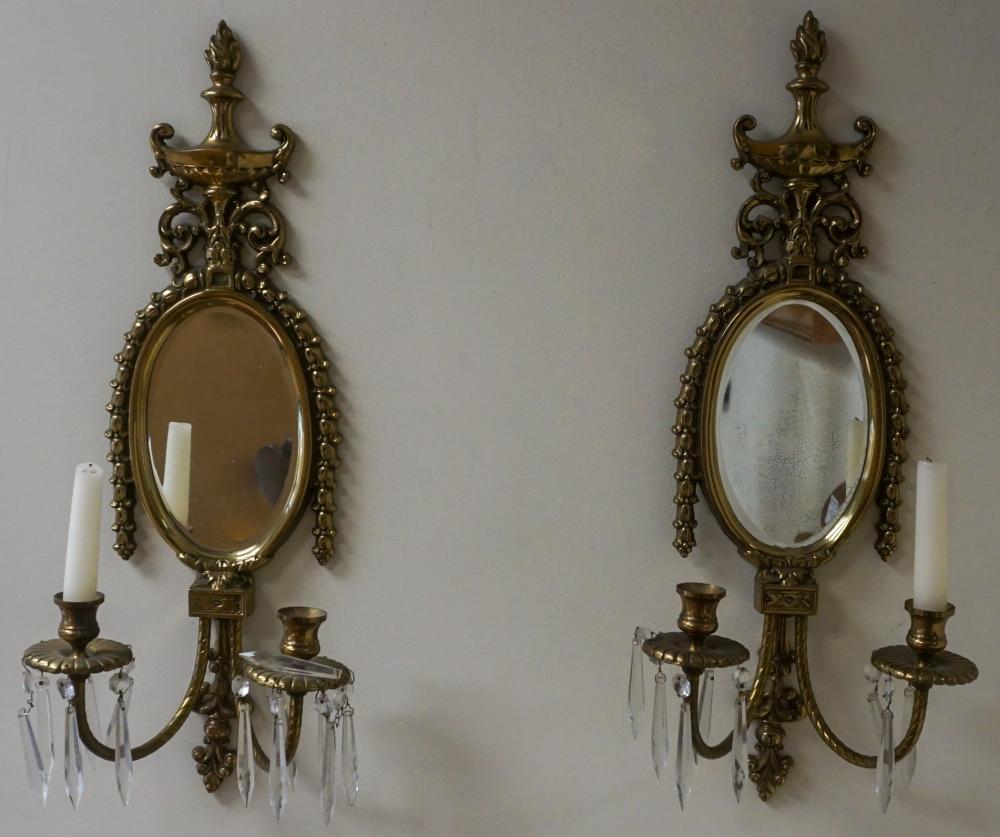 Appraisal: PAIR LOUIS XV STYLE BRASS MIRROR-BACK TWO-LIGHT SCONCES H IN