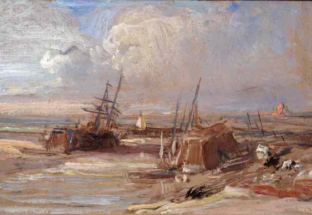 Appraisal: Eugene Isabey - Fishing boats at low tide signed oils