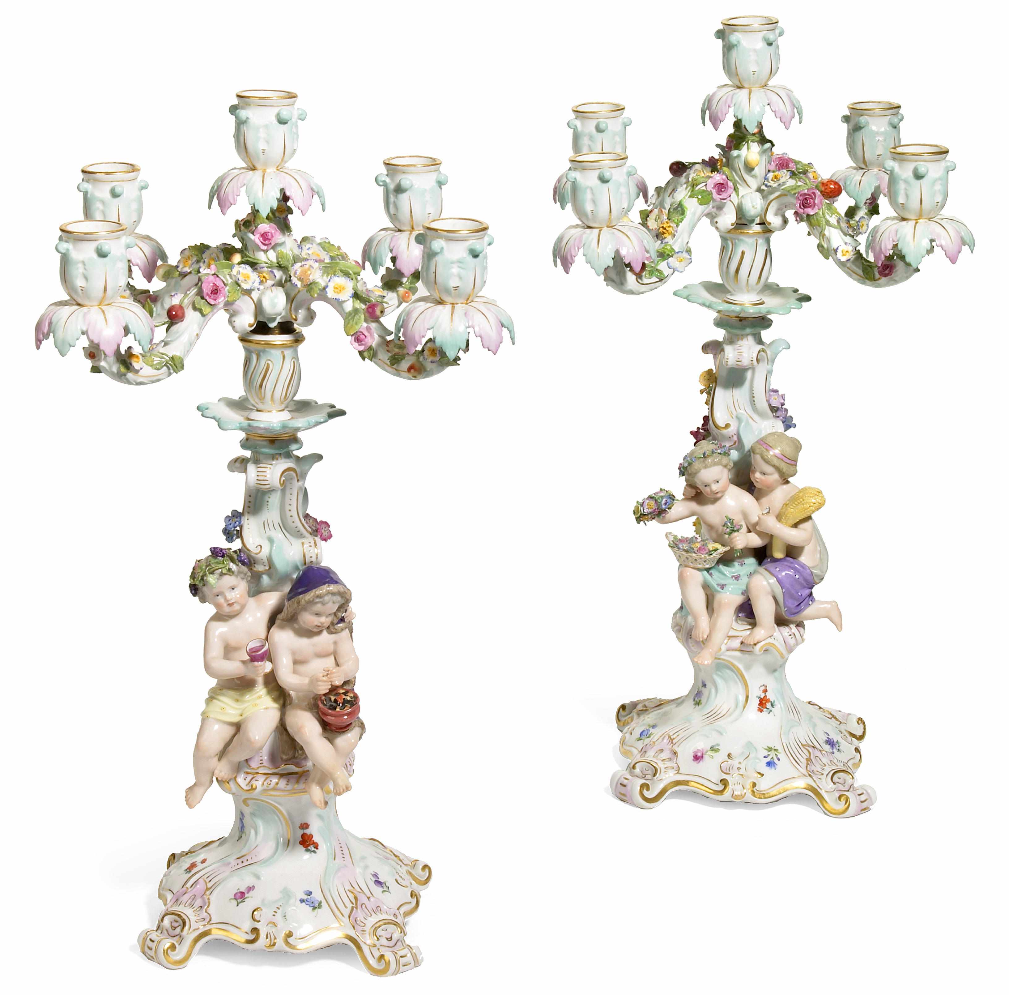 Appraisal: A pair of Meissen porcelain five light candelabra late th