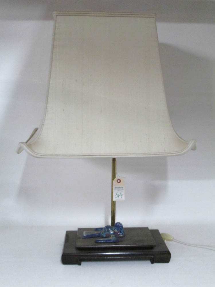 Appraisal: CHINESE TABLE LAMP WITH CLOISONNE BIRD mounted atop a rectangular