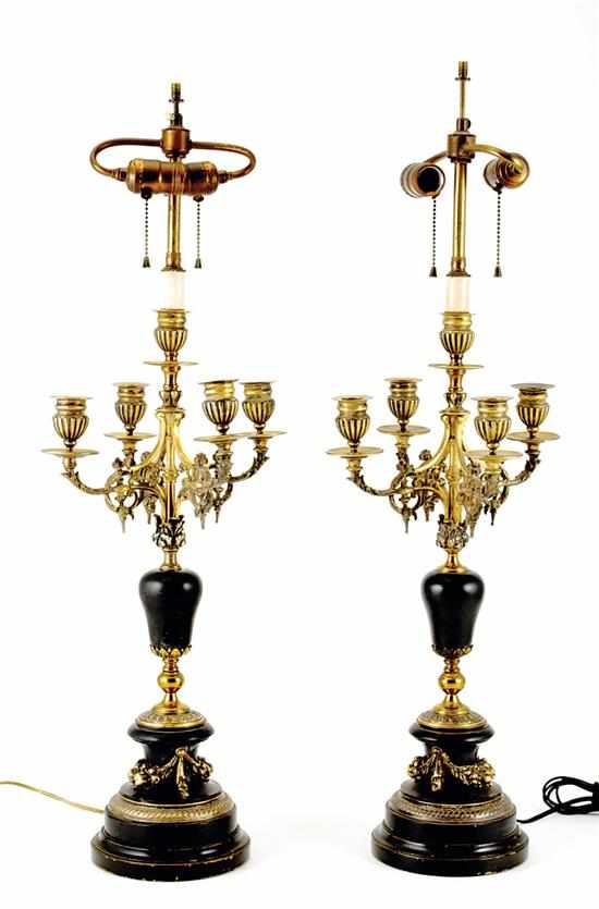 Appraisal: Pair gilt-metal and slate five-light candelabra Classical design with ornate