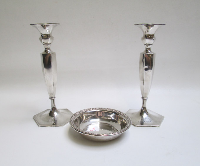 Appraisal: THREE STERLING SILVER HOLLOWWARE PIECES pair candlesticks by Howard Sterling