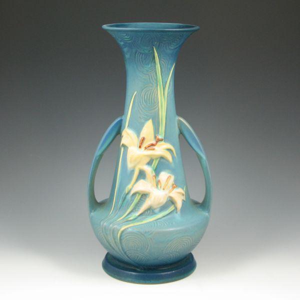 Appraisal: Roseville blue Zephyr Lily vase with handles Marked Roseville USA