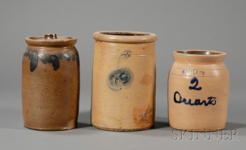 Appraisal: Three Cobalt-decorated Stoneware Jars America mid to late th century