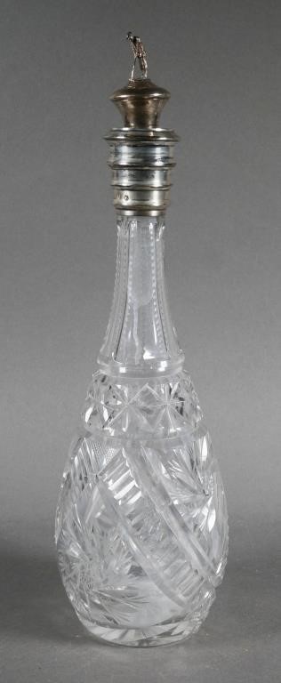 Appraisal: English hallmarked figural stopper In cut crystal decanter with French