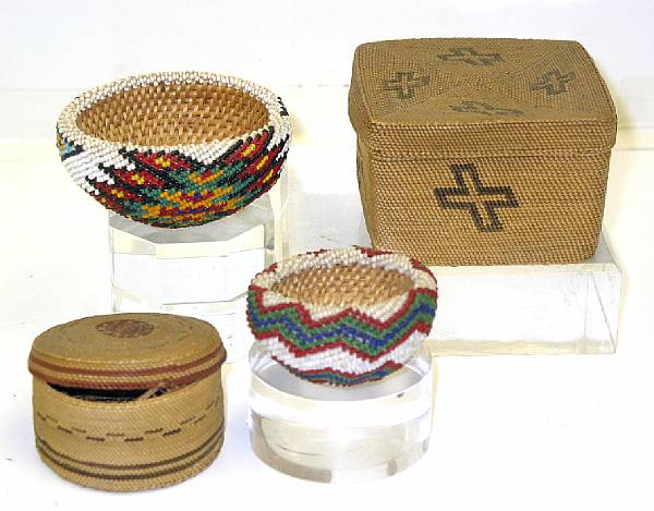 Appraisal: Three Western baskets two Paiute beaded bowls and two Makah