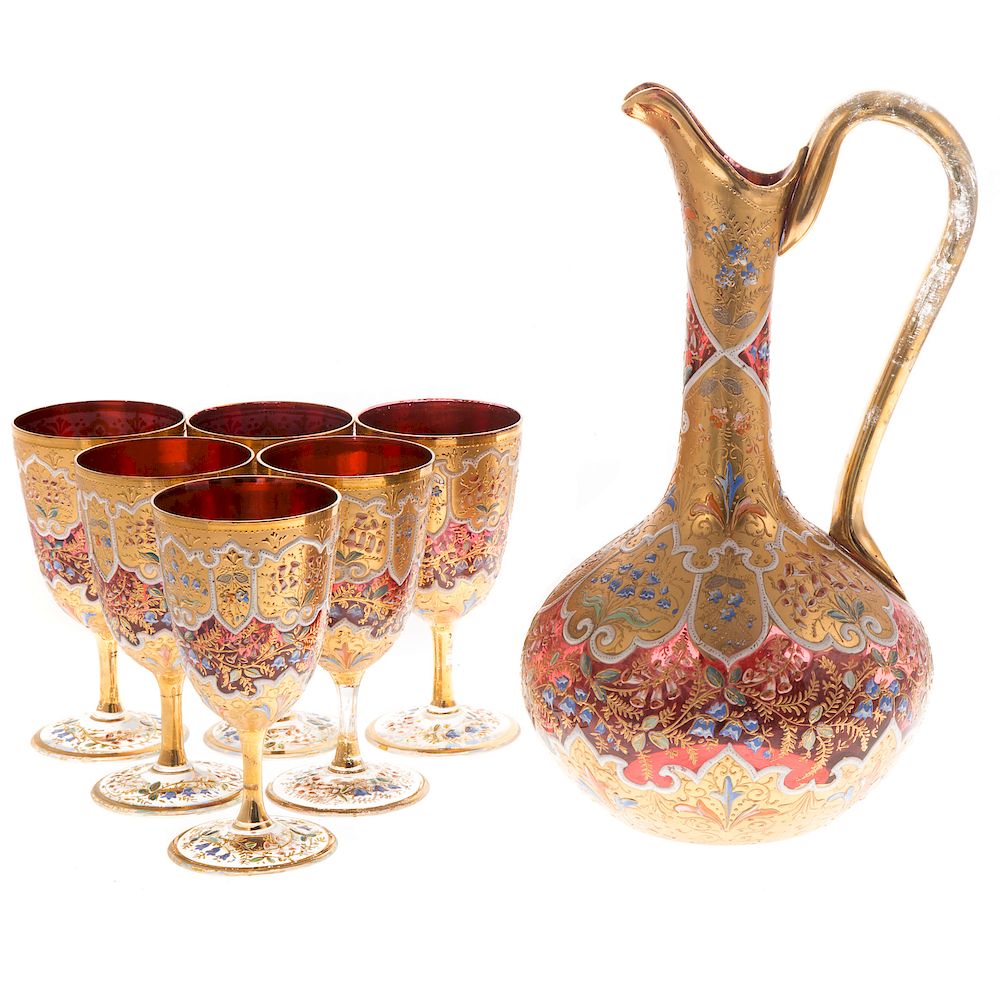 Appraisal: Continental ruby and enamel glass ewer set th century possibly