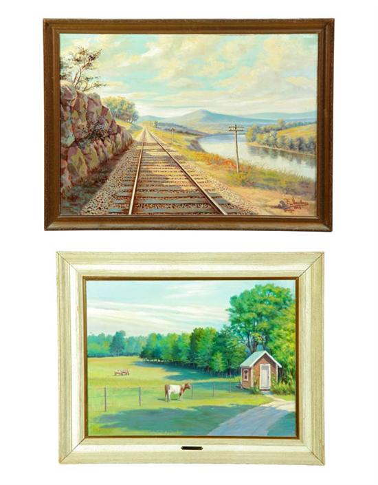 Appraisal: TWO LANDSCAPE PAINTINGS Both oil on canvas Railroad track by