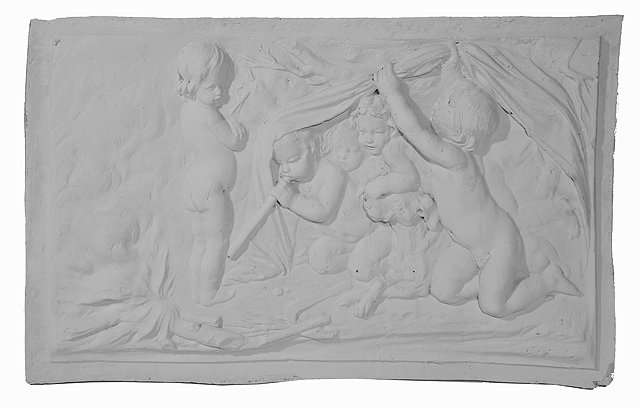 Appraisal: A PLASTER REPOUSSE PANEL depicting cherubs and a dog indistinctly