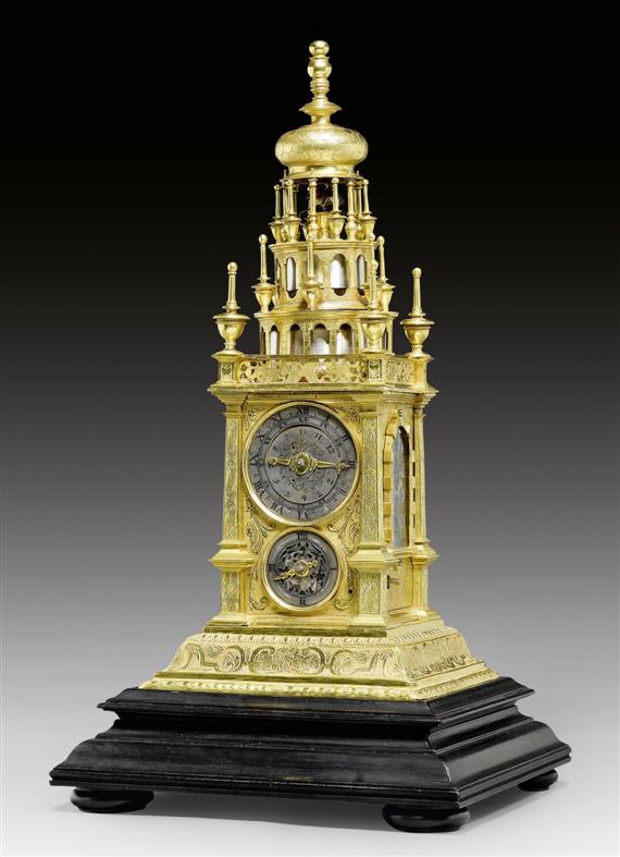 Appraisal: TURRET CLOCK Renaissance Augsburg circa Gilt brass exceptionally finely engraved