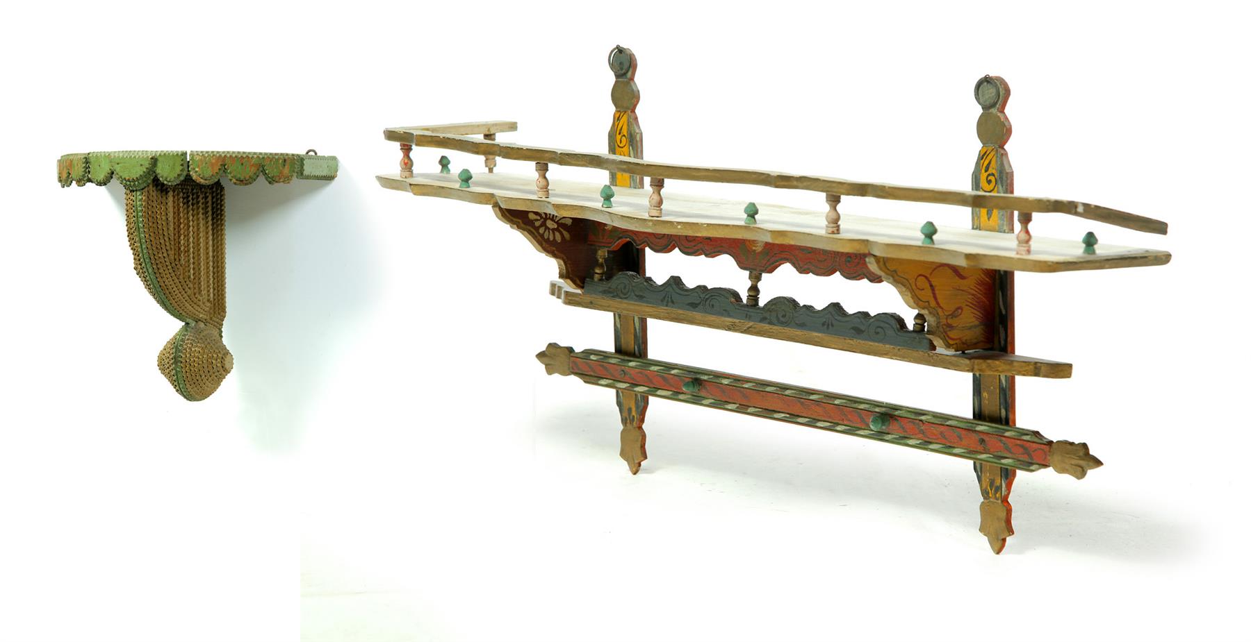 Appraisal: TWO FOLK ART HANGING SHELVES Early th century Tramp art